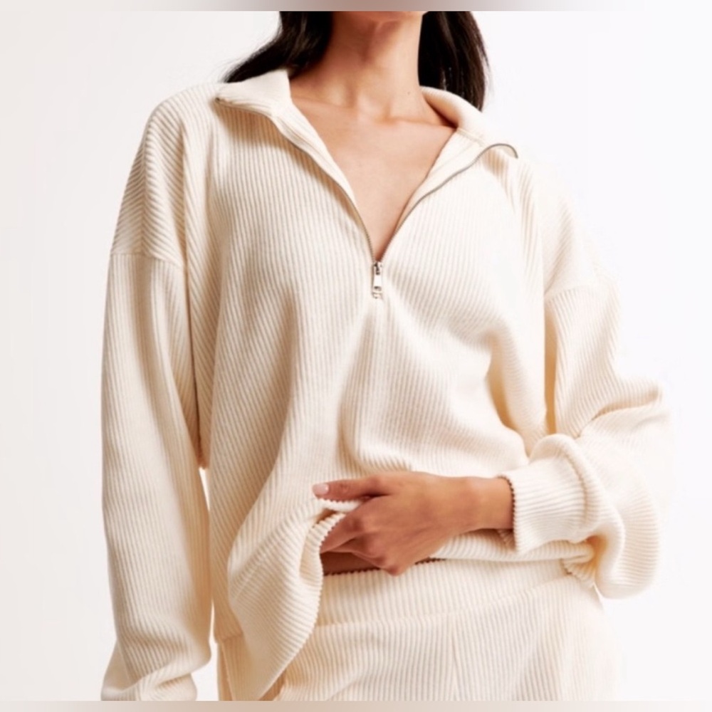 Abercrombie & Fitch Cream Rib Mock Half Zip Lounge Sweatshirt L/XL Oversized